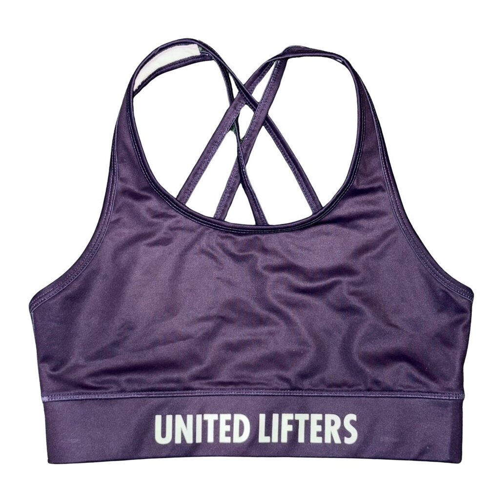 United Lifters Purple Strappy Criss Cross Elastic Hem Workout Sports Bra -Medium